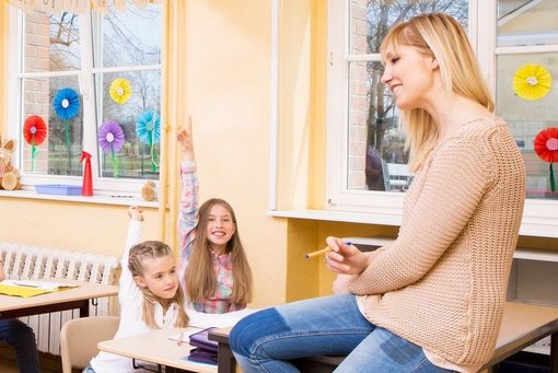 Im Unterricht Klassenzimmer mit Kindern und einer Lehrerin